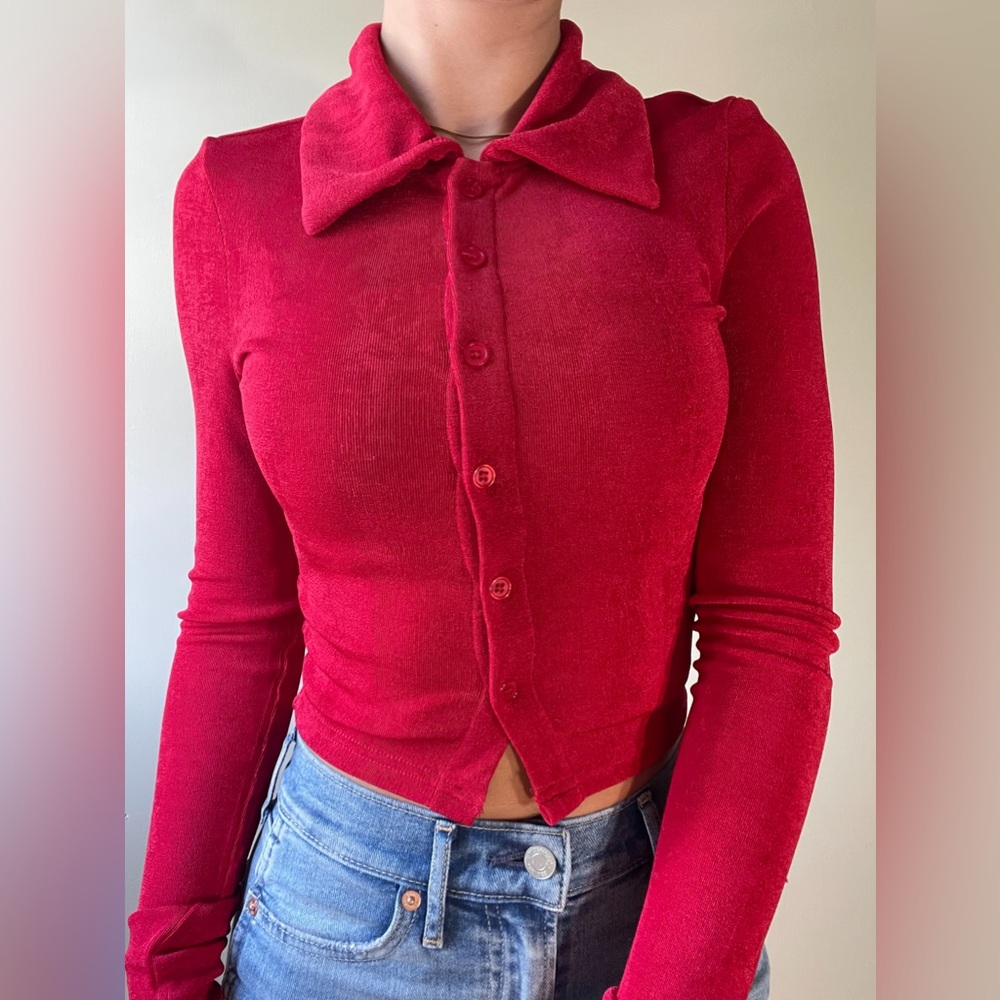 Button down long sleeve red crop top